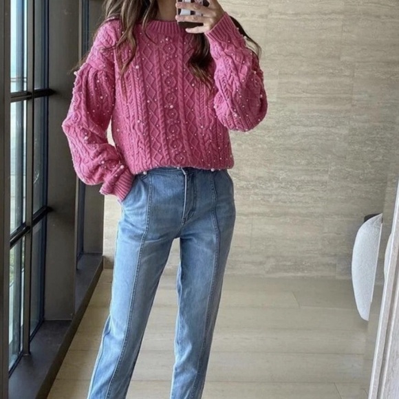 Something Navy Pink Cable Knit Sweater with Pearl Accents - Picture 2 of 9